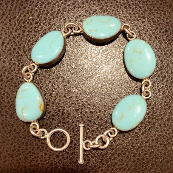 SOUTHWESTERN Mexico Sterling Silver Turquoise Cabochon Linked Bracelet - Picture 2 of 6